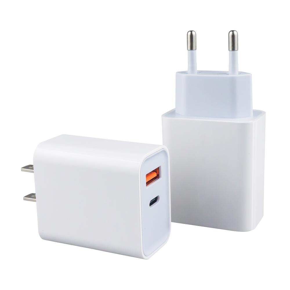 Carregador Adaptador de Parede Rápido para Viagem com Duas Portas Tipo C, Plugue US EU PD 20W QC3.0 para iPhone, Adaptador Portátil