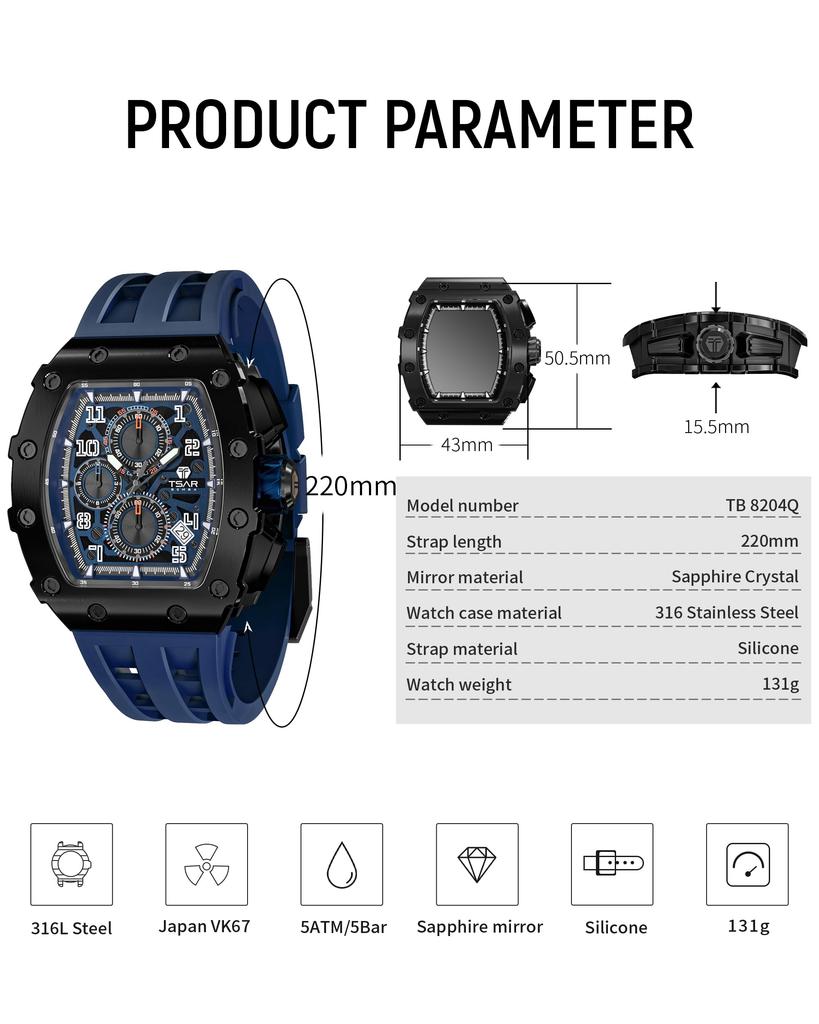 TSAR BOMBA Men's Quartz Watch Japanese Movement Tonneau Case Sapphire Crystal Silicone Strap 50M Water Resistant