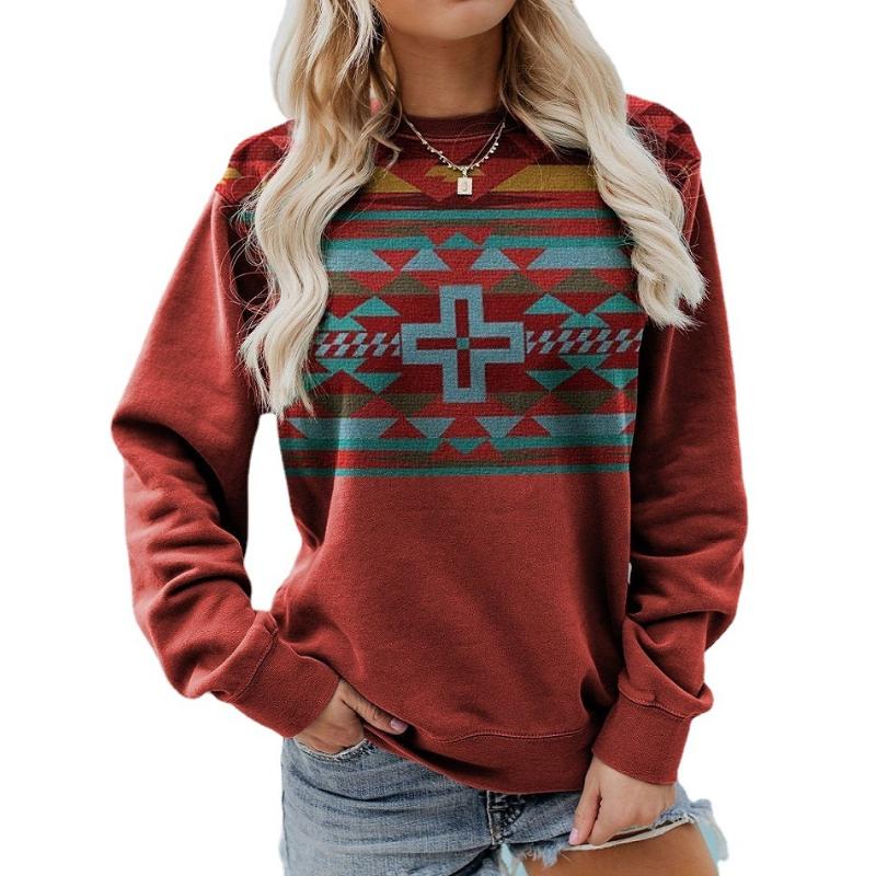 Felpa Girocollo Autunno Inverno da Donna, Top Pullover Casual a Manica Lunga con Stampa Teschio di Toro Etnico Western