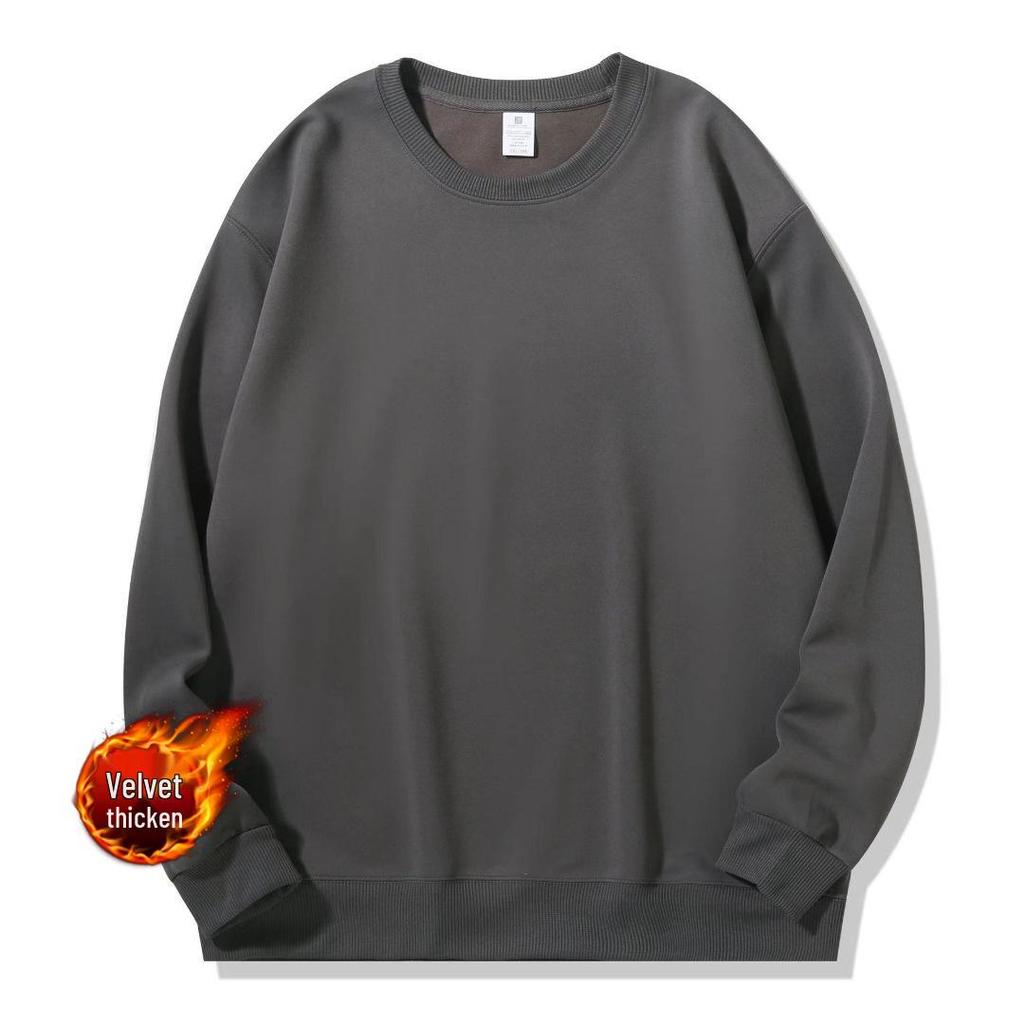 Unisex Fleece-Lined Crew Neck Sweatshirt - Solid Color, Loose Fit, Long Sleeve Base Layer for Autumn & Spring