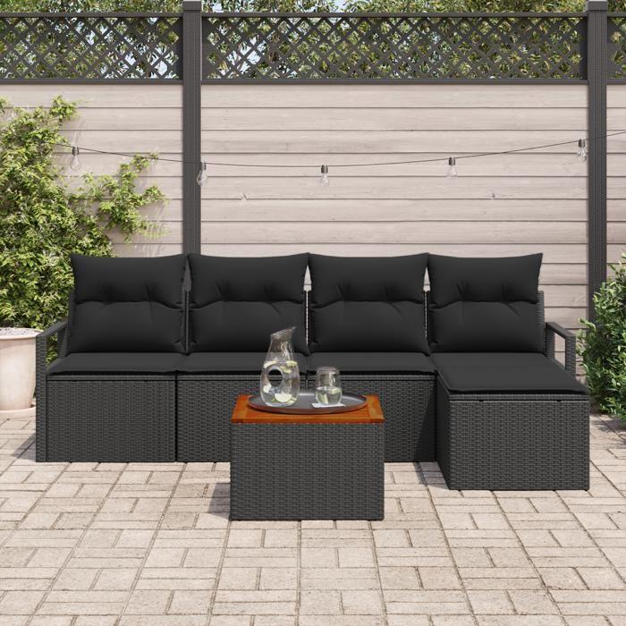VidaXL Ensemble de Sofa de Jardin 6 Pièces avec Coussins Noir Rattan Poly Acacia 3356364