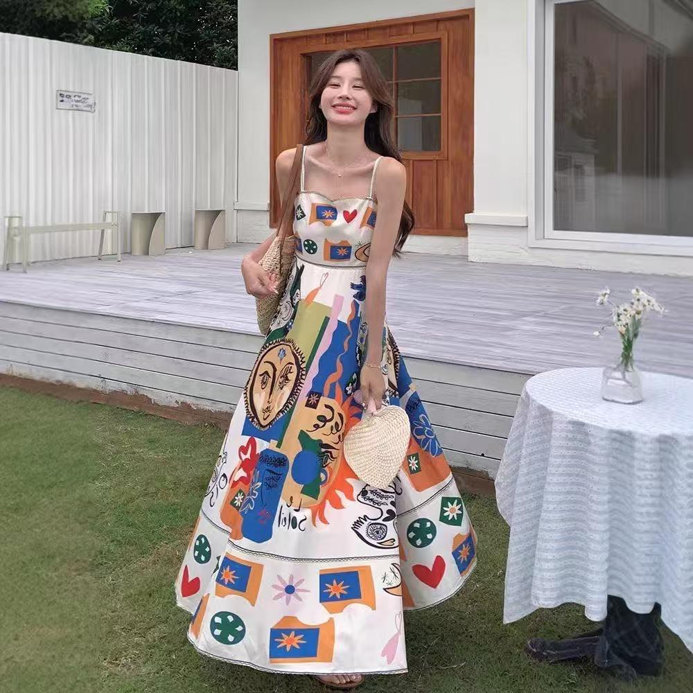 Retro Ethnic Style Oil Painting Graffiti Printing Suspender Dress Women's Summer New Style Niche Seaside Long Skirt