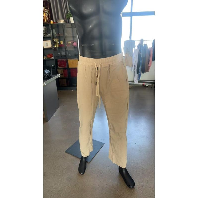 Men Solid Color Linen Loose Drawstring Button Casual Long Pants