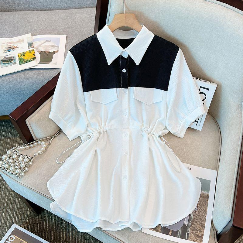 

Женская свободная рубашка на лето с короткими рукавами контрастного цвета XXL чёрный