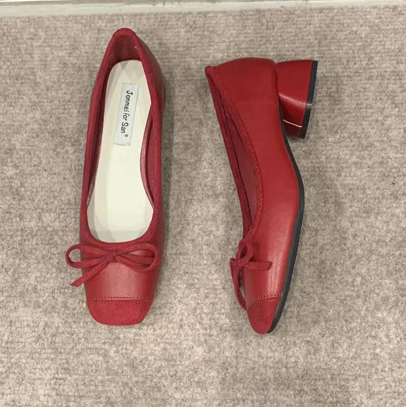 Fashion Elegant Red Ballerinas Women Pumps Slip On Loafers Round Toe Square Heels Bowknot Casual Spring Autumn Low Heel Shoes