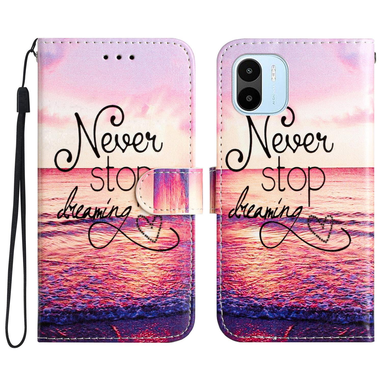 

For Xiaomi Redmi A1 4G/A2 4G Phone Case PU Leather Pattern Printing Stand Wallet Flip Cover Never Stop Dreaming