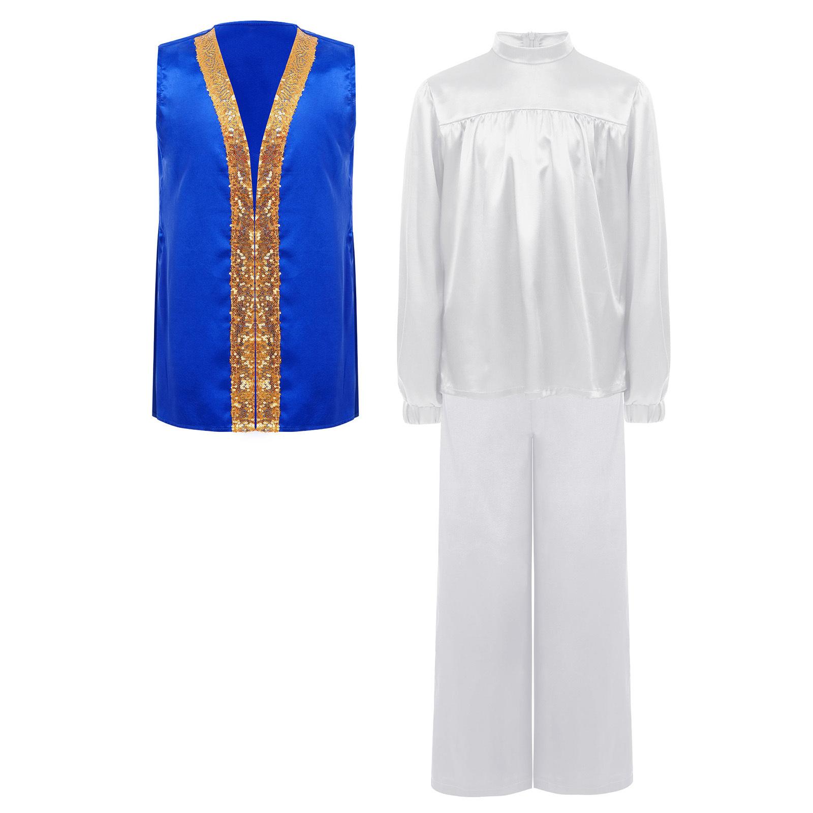 

Boys Praise Dance Outfit Mock Neck Long Sleeve Satin Top Elastic Waistband Wide Leg Pants Sequins Robe 5-6 Years королівський синій колір