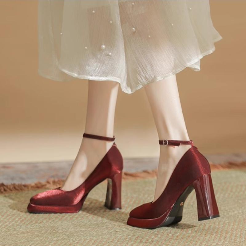 Platform High Heels Women Chunky Heels Mary Jane Shoes Elegant Satin Square Head Wedding Shoes Women Ankle Buckle Single Shoes