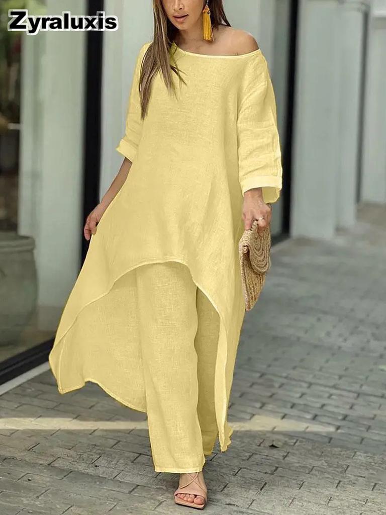 Moda Donna Casual Taglie Forti Set Irregolare Manica Lunga Pantaloni a Gamba Larga Completo Due Pezzi