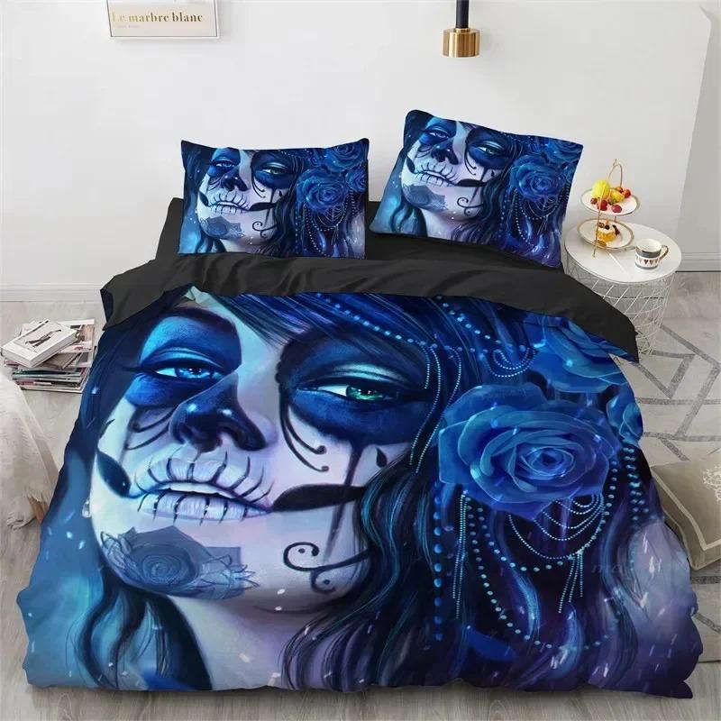 Skull Girl Day Dead Bride Dark Color Roses Bedding Set Boys Girls Twin Queen Size Duvet Cover Pillowcase Bed Kids Adult