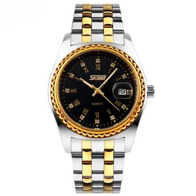 SKMEI Men's Small Business Watch, Classic Stainless Steel, Waterproof Analog Watch with Metal Band, Casual Date Display, Luxury Gold and Black Watch