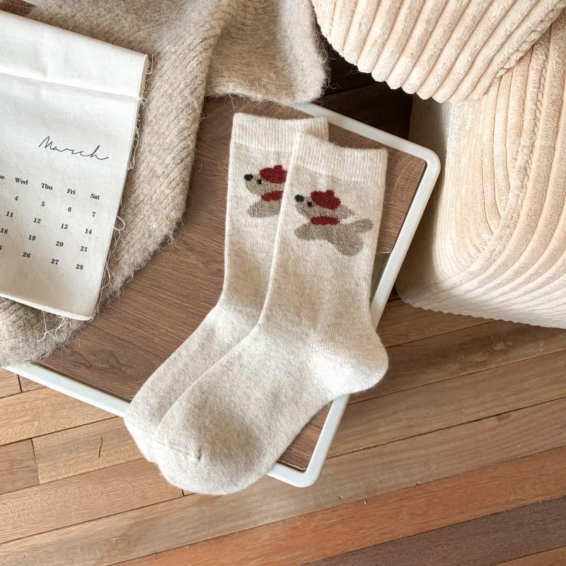 Ladies Winter Warmth Thickened Cute Cartoon Puppy Wool Boneless Mid Tube Socks