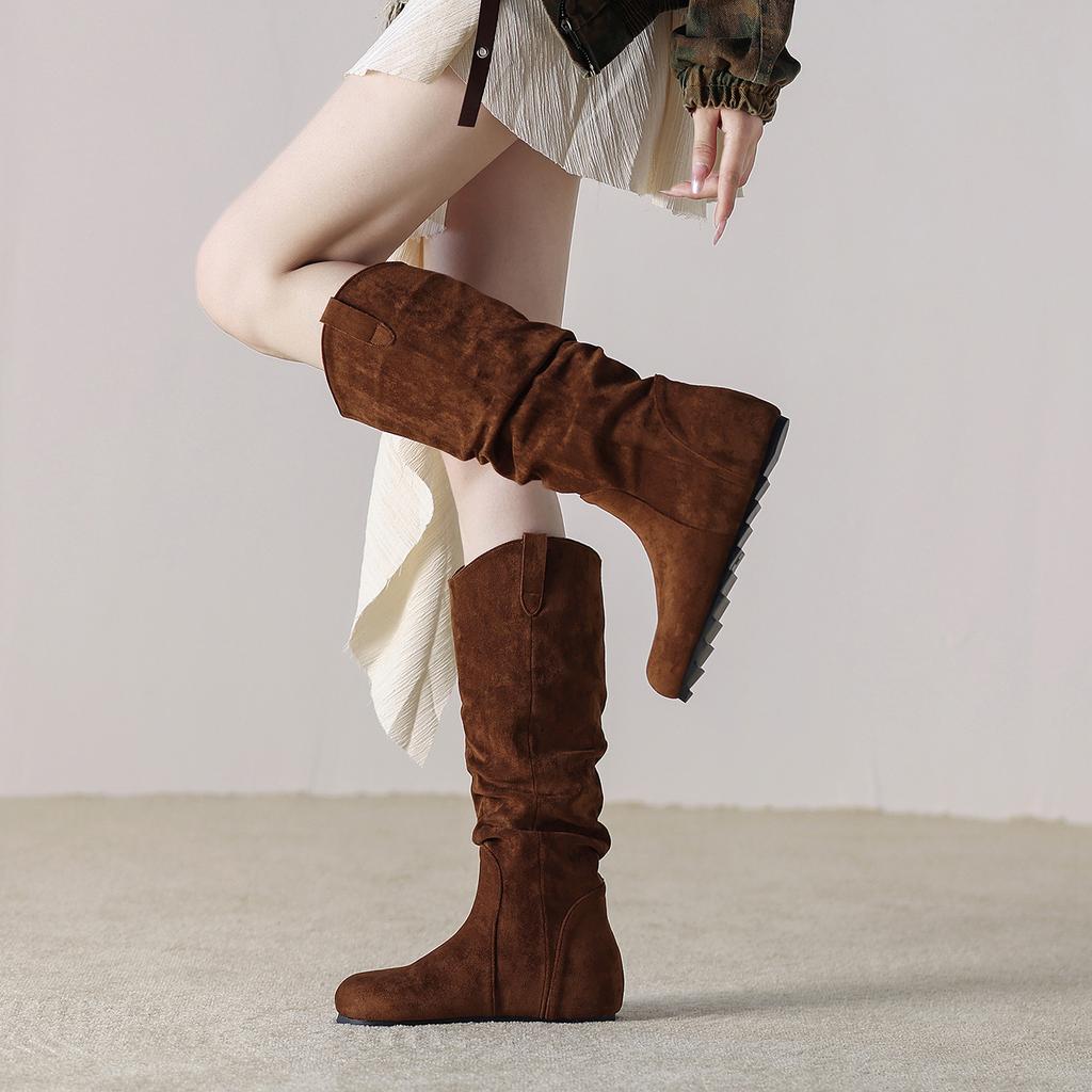 Sheepskin Version 9203-1 Small Round Head Pleated Boots Women's 2025 Autumn and Winter New Temperament Retro Stacking Boots