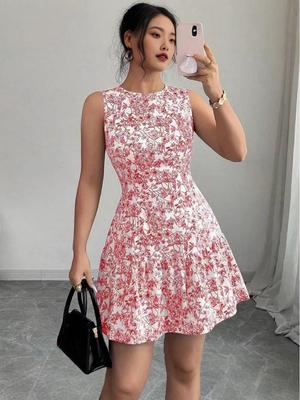 Retro European Floral Camisole Dress - Sleeveless Vacation Style Short Dress