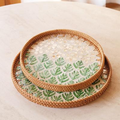 Circular Tray Hand-woven Rattan Storage Disc Shell Flower Desktop Storage Container Fruit Platter Rattan Tray Trays Decorative