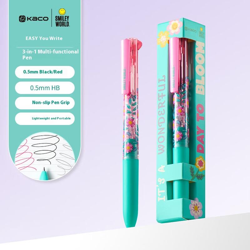 KACO x SmileyWorld EASY 3in1 Smile MultifunctionPen Black/Red Dual-Tip 0.5mm Retractable Ballpoint&Pencil Flower Art For Student