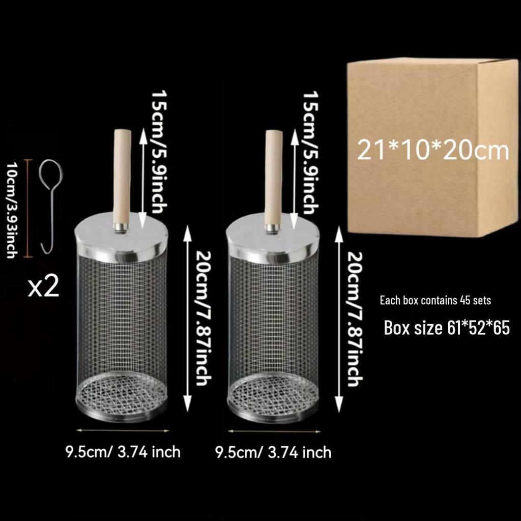 Portable Stainless Steel BBQ Basket with Wooden Handle – Round Outdoor Grilling Cage