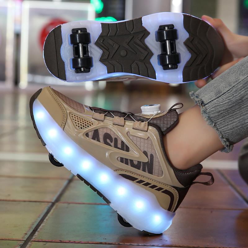Letní Heelys Dívčí Síťované Prodyšné Kolečkové Brusle Studentky Čtyřkolečkové Dobíjecí LED Sportovní Brusle Chlapci Svítící Sportovní Boty