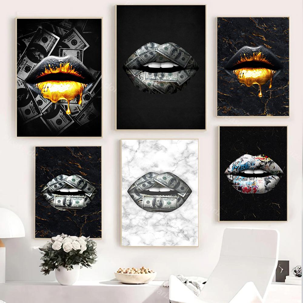 Modern Golden Lips Dollar Money Poster Print Wall Art Luxury Art Canvas Painting Abstract Pictures for Living Room Home Decor No Frame
