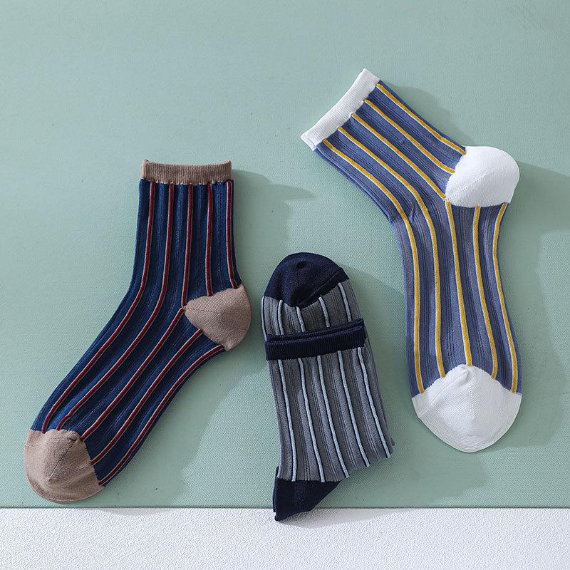 20 Spring And Summer Thin Cass Socks, Women'S Japanese Vertical Striped Glass Silk Medium Tube Socks, Fashionable Color Matching Women'S Socks