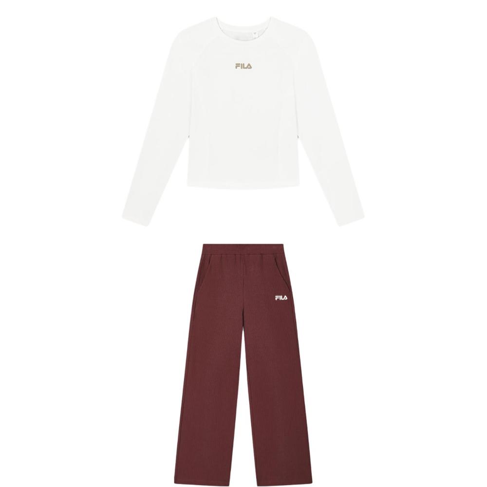 Fila Fashionable Simple Pullover Slim Fit Long Sleeve Top Straight Leg Knit Pants Casual Set Women Sets F11W439201F-WT+F11W439607F-WI