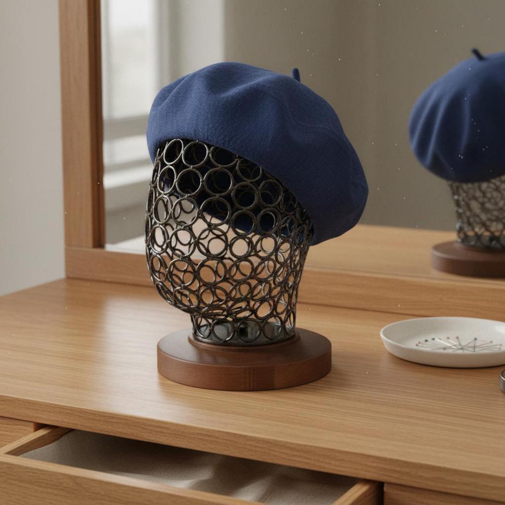 Espositore per Cappelli Base in Legno Testa Metallica Manichino Stand Stile Antico per Salone,