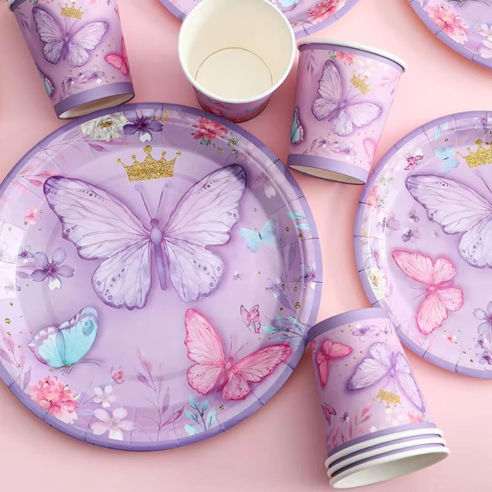 Purple Butterfly Party Supplies Disposable Tableware Set Paper Plates Cups Napkins Banner Girl Happy Birthday Baby Shower Decor