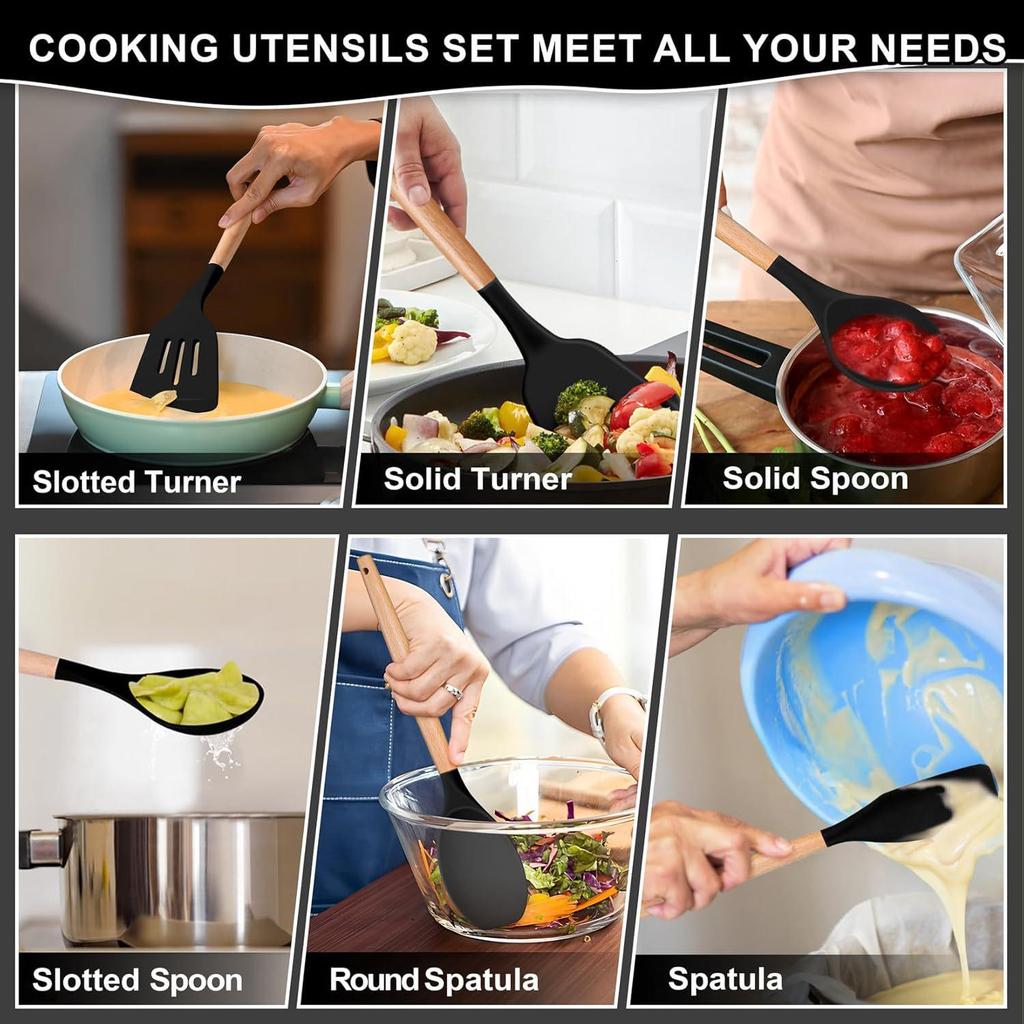 780g Silicone Kitchen Non-Stick 12-Piece Cookware Set with Wooden Handle Spatula Turner, Barrel Packaging