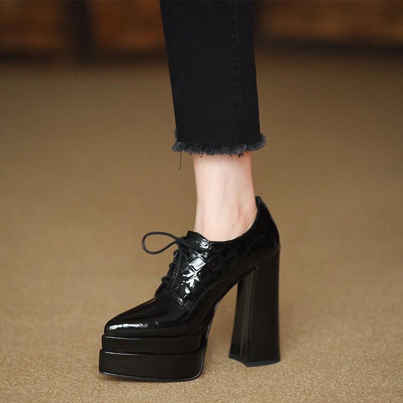 Scarpe basse con tacco altissimo, modello autunno, punta affusolata, allacciatura frontale, plateau antiscivolo, tacco quadrato resistente all'usura.
