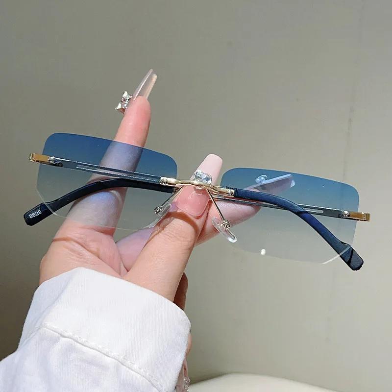 Vintage Rimless Square Sunglasses Women For Men Luxury Brand Designer Sun Glasses Punk Popular Diamond Cutting Eyeglasses