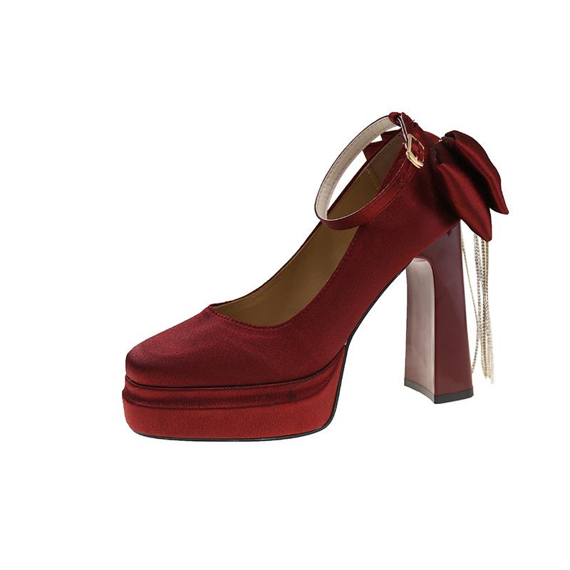 

2025 new waterproof table high heels women s thick heel Mary Jane shoes red show clothes bride shoes wedding shoes bridesmaid shoes 34