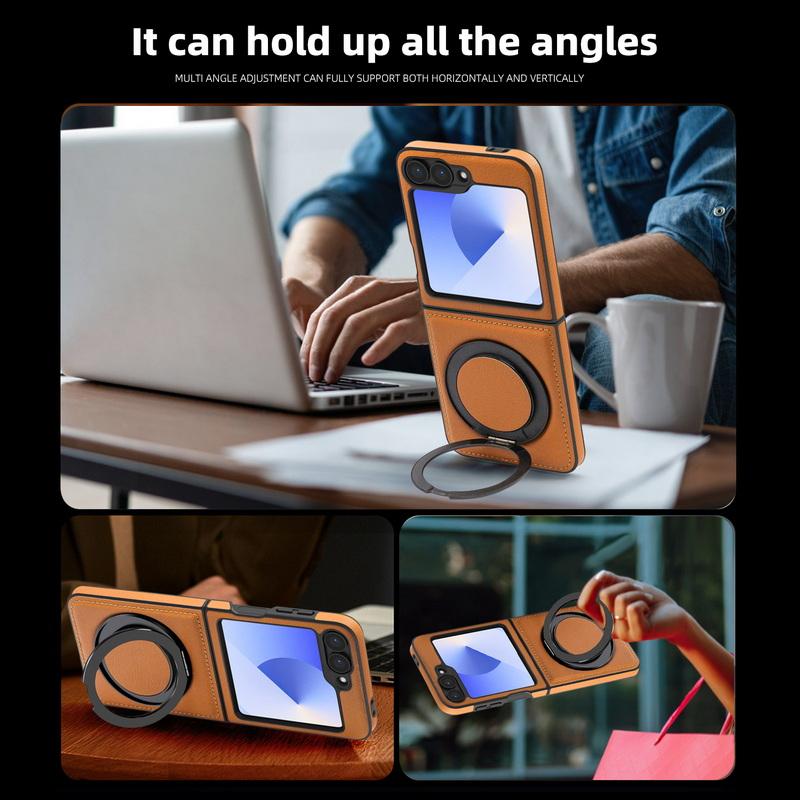 Solid Color Leather Slim 2pcs Folding Phone Case For Samsung Galaxy Z Flip6 Flip5 Flip4 3 Wireless Charge Shockproof Magnetic Metal Stand Back Cover