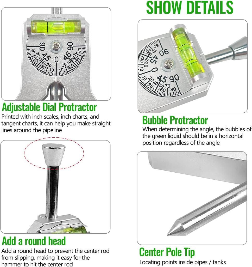 Pipe Center Finder Measure Pipe Diameter with Adjustable Dial Bubble Protractor 4" Y-Type Safety Pipe Marker Centering Head Tool