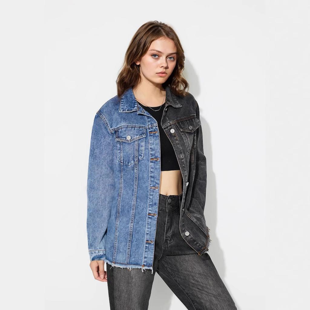 Women's Loose Colorblocking Lapel Denim Jacket