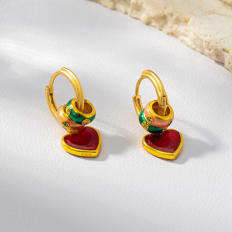Vintage Enamel Drop Earrings Women Copper Heart Floral Gold Tone Multi-Wear Statement Jewelry Style 1: Red Heart Pair