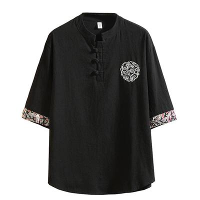 FJLTDCP Summer Half Japanese Plus Loose Solid Top BLACK Men's Japanese-Style T-Shirt, Sleeves, Haori, Style, Embroidered, Sizes, Casual, Fit, Stylish,