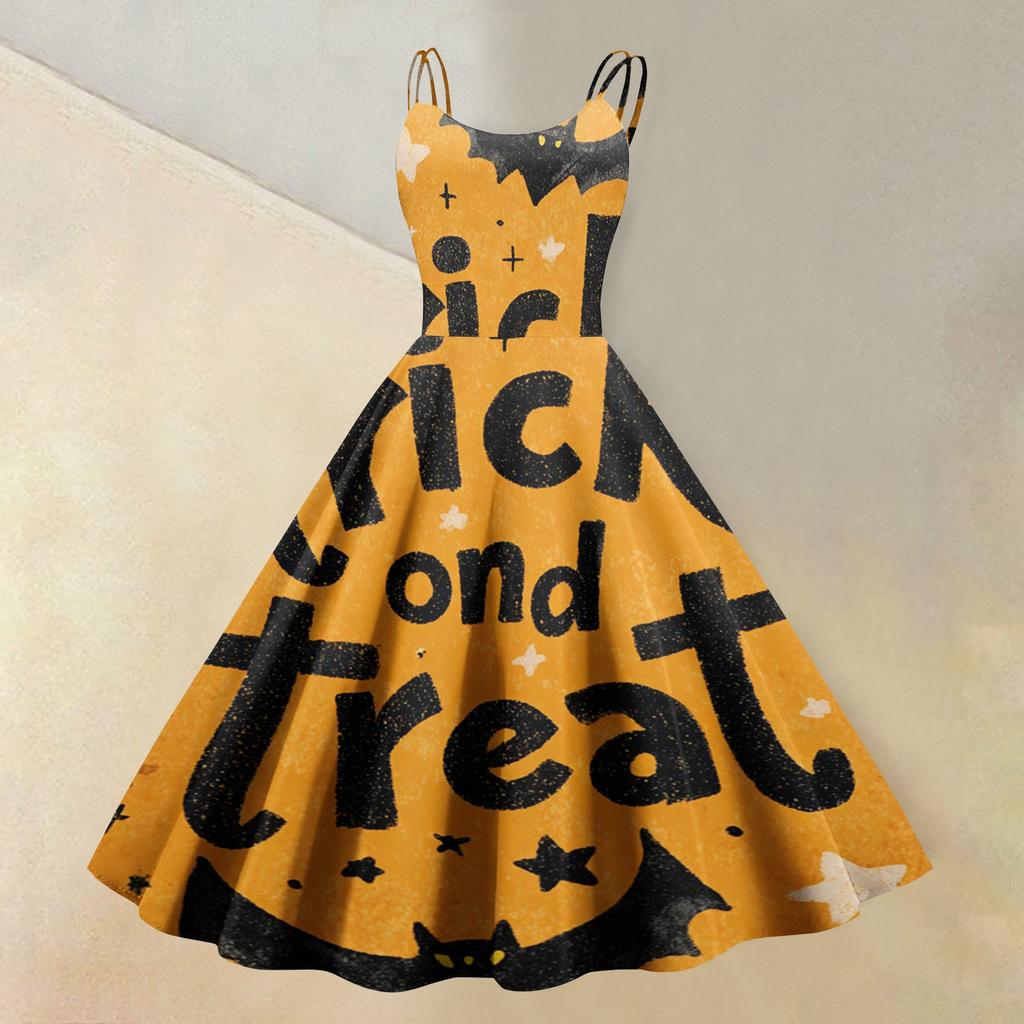 Women's Sleeveless Halloween Print Dress Vintage Style Round Neck Casual Fit and Flare Midi Dress with Spaghetti Straps and Festive Pattern