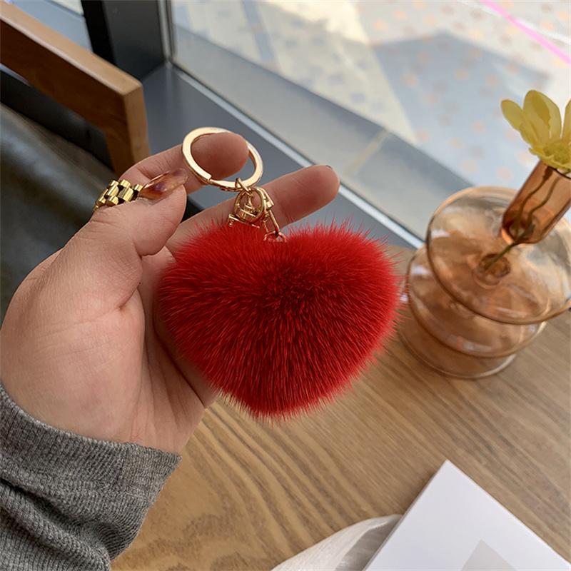 Large Heart Pompom Key Chain For Women Rainbow Plush Ball Keychain Car Bag Pendant Fashion Jewelry Fluffy Love PomPons Keyring