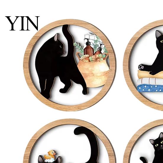 Rounded Corner Wood Art 4 Pcs Minimalist Black Cat Wall Art, Geometric Round Circle Wooden Non-toxic Coating Decor, Abstract Hanging Sign for