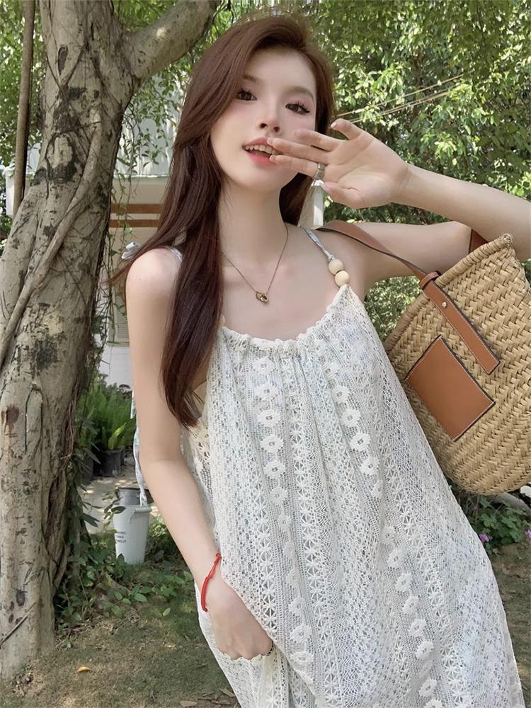 French retro fringed splicing sweet dress children's summer new thin temperament suspender sleeveless medium and long dress