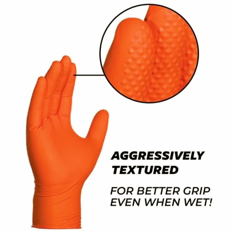 Heavy Duty Orange Nitrile Gloves Extra Thick Diamond Patterned Nitrile Gloves Industrial Disposable Gloves for Mechanic Safety