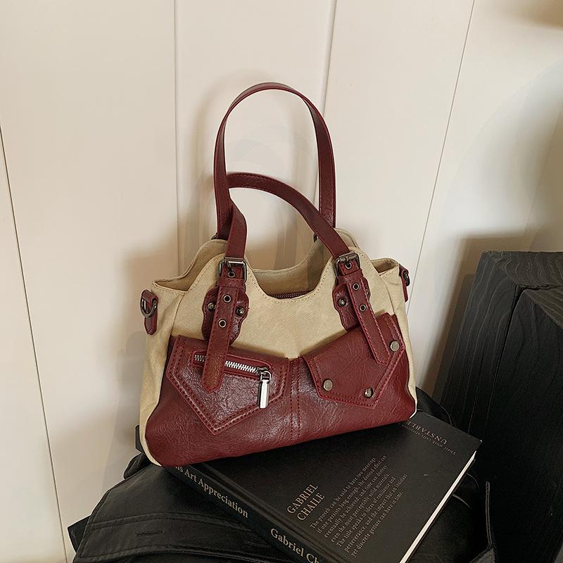 

Ретро європейська та американська велика містка сумка-тоут 2024 нова портативна сумка-месенджер зі зшивкою жіноча сумка проста повсякденна сумка під пахву бордовий