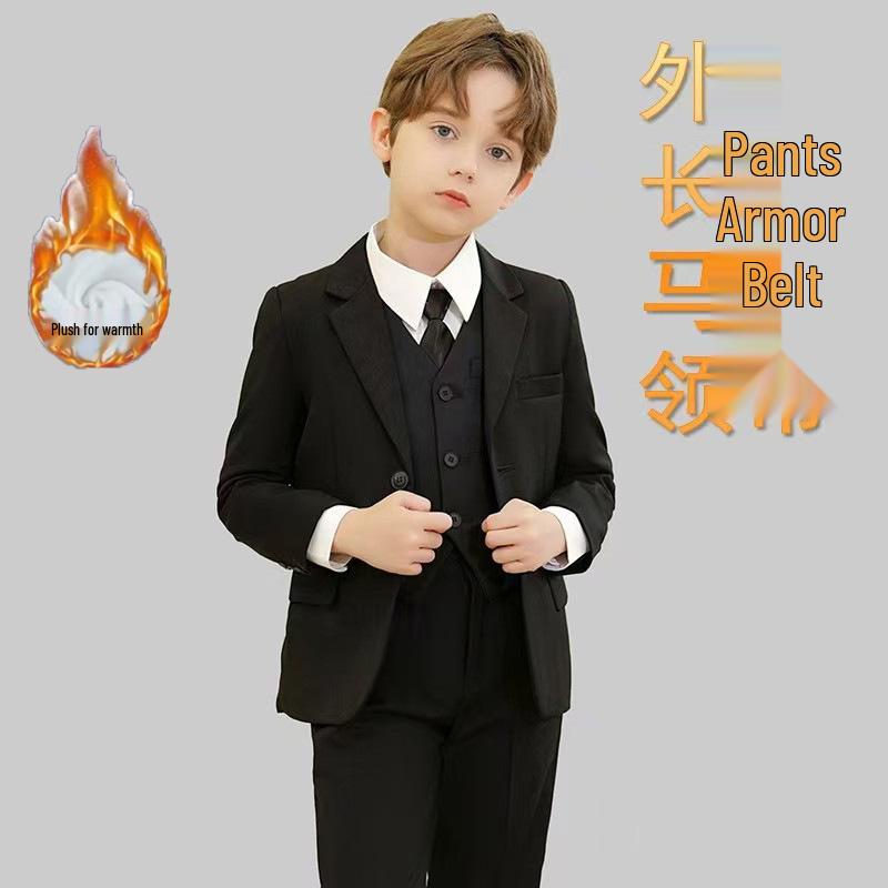 Boy's Formal Ensemble: Fleece White Shirt, Black Suit Pants, Vest, Page Boy Overalls, Performance Costume
