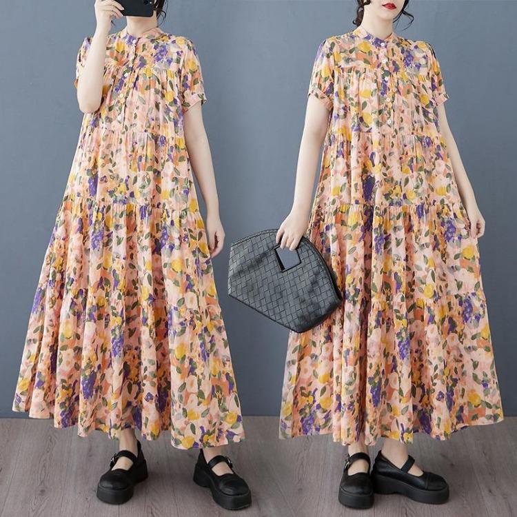 New Vintage Women Plus Size Maxi Dress Spring Summer Long Casual Loose Basic Printing Dress
