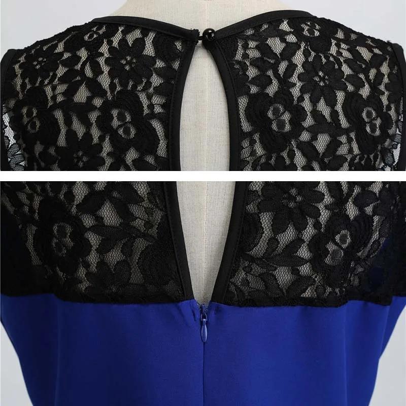 Blue Lace Patchwork Summer Women Elegant Vintage Party Dress Casual Office Ladies Dress