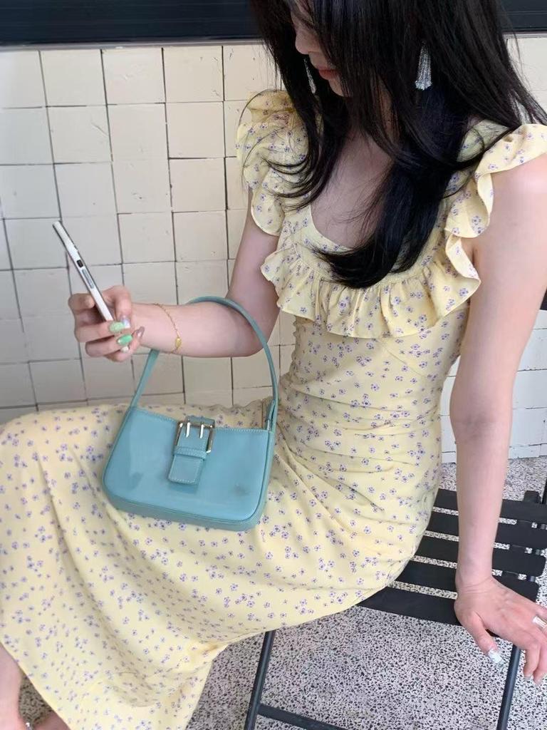 French Retro Floral Print Square Neck Ruffle Dress
