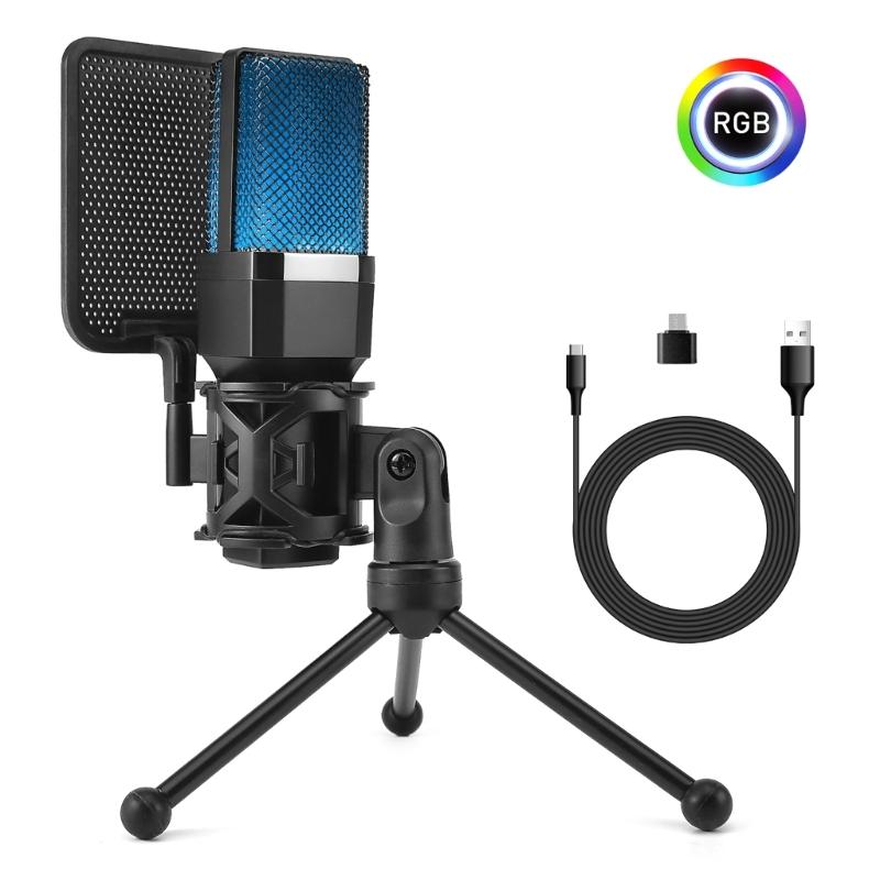 Upgrades Desktop Microphone Set 7 Color LED USB Plugs & Plays Connectivity Versatile Condenser Microphone with Stand