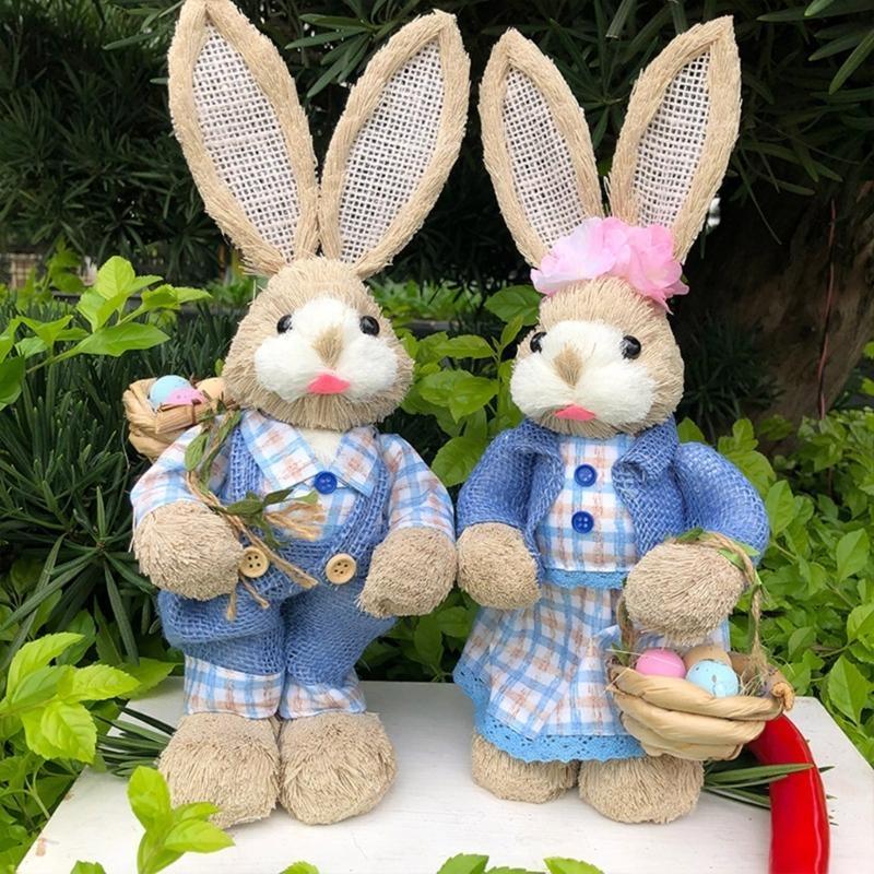2pcs Easter Straw Rabbit Figurines Farmhouses Decorations Handcraft Straw Rabbit Sculptures For Festival Table Display