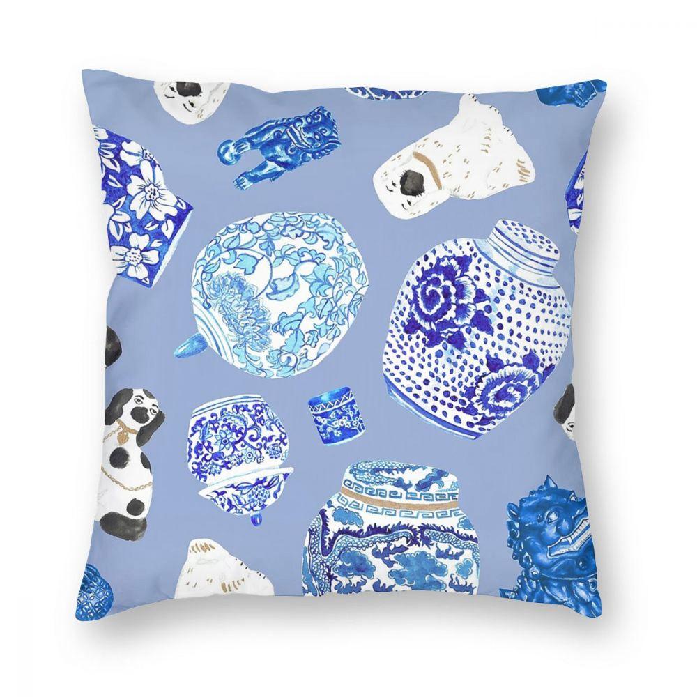 Chinoiserie Curiosity Cabinet Toss In Delft Blue Throw Pillow Cover Decorative Pillow Customized Pillowcase