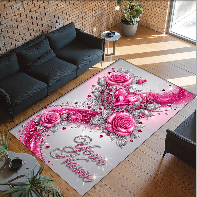Hearts Theme Crystal Velvet Floor Rug Personalized Custom Name Text Warm Carpet Home Decoration